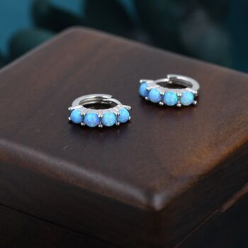 Sterling Silver Blue Opal Huggie Hoops, 4 of 10