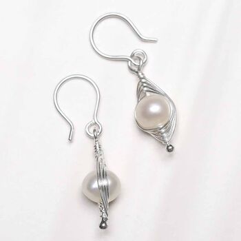 Sterling Silver Pearl Wire Dangly Earrings, 4 of 5