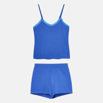 Women's 'Ultra Blue' Bamboo Lace Camisole Short Pyjama Set, 4 of 6