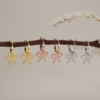 Sterling Silver Bow Charm Hoop Earrings, 2 of 12