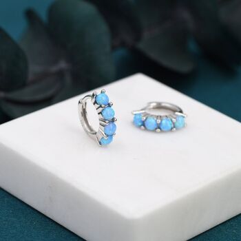 Sterling Silver Blue Opal Huggie Hoops, 6 of 10