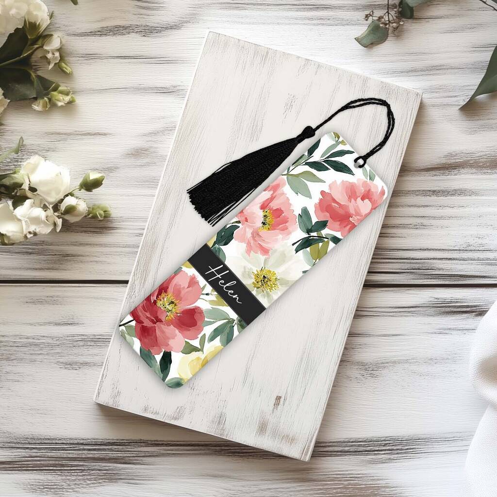 Personalised Pink Peony Bookmark With Black Tassel