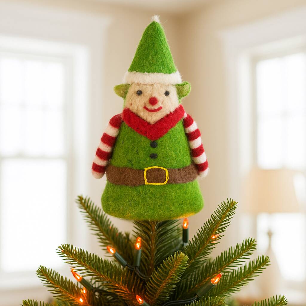 Handmade Felt Eco Elf Christmas Tree Topper, 1 of 2