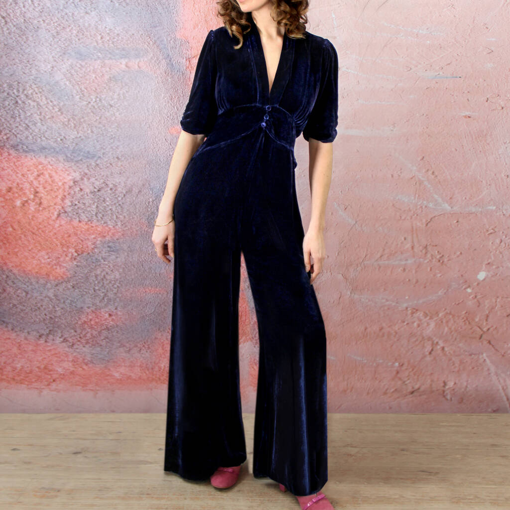 Midnight Blue Retro Style Jumpsuit In Silk Velvet By Nancy Mac ...