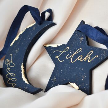 Personalised Star Or Moon Christmas Name Ornament, 5 of 7