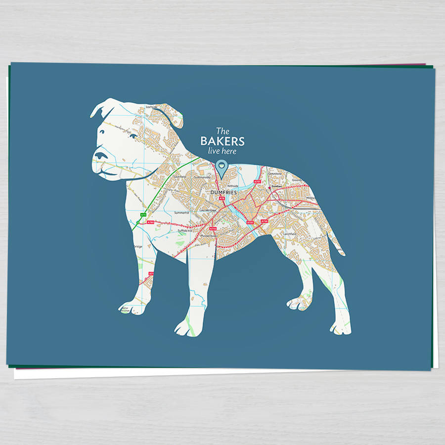 Personalised Map With Staffordshire Bull Terrier By Well Bred Design 9917