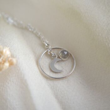 Crescent Moon And Labradorite Orbit Charm Necklace, 3 of 4