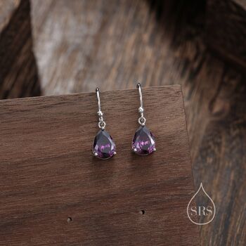 Sterling Silver Dark Amethyst Purple Pear Cut Cz Drop Earrings, 5 of 12