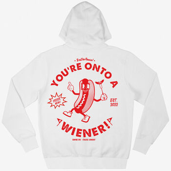Onto A Wiener Unisex Hoodie With Hot Dog Logo In White, 6 of 6