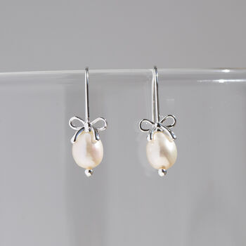 Sterling Silver Pearl Bow Earrings, 4 of 11