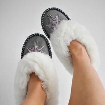 Peacock Pink Sheepskin Moccasins Slippers, 3 of 6