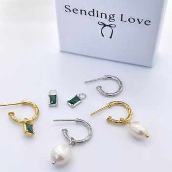 Emerald Charm Earrings In Silver And Gold On Bamboo Hoops, 5 of 5
