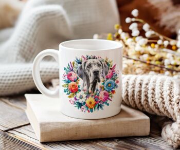 Personalised Great Dane Summer Floral Dog Wreath Cushion And Mug Gift Bundle, 2 of 4