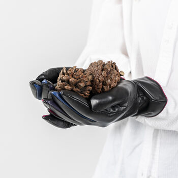 Soft Black Leather Gloves With Colour Detail, 6 of 9