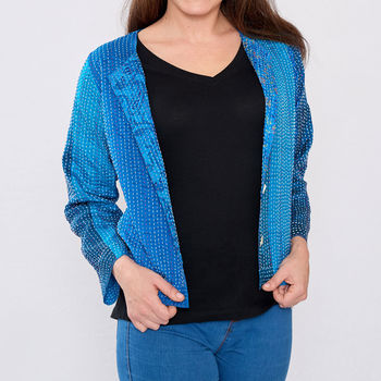 Turquoise Pure Silk Hand Stitched Ladies Jacket, 6 of 6