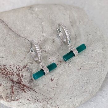 The T Bar Green Onyx Hoop Earrings, Silver, 4 of 6