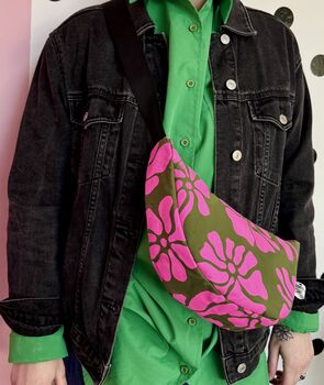 Floral Pink And Green Sling Bag Waxed Cotton Bag, 2 of 4