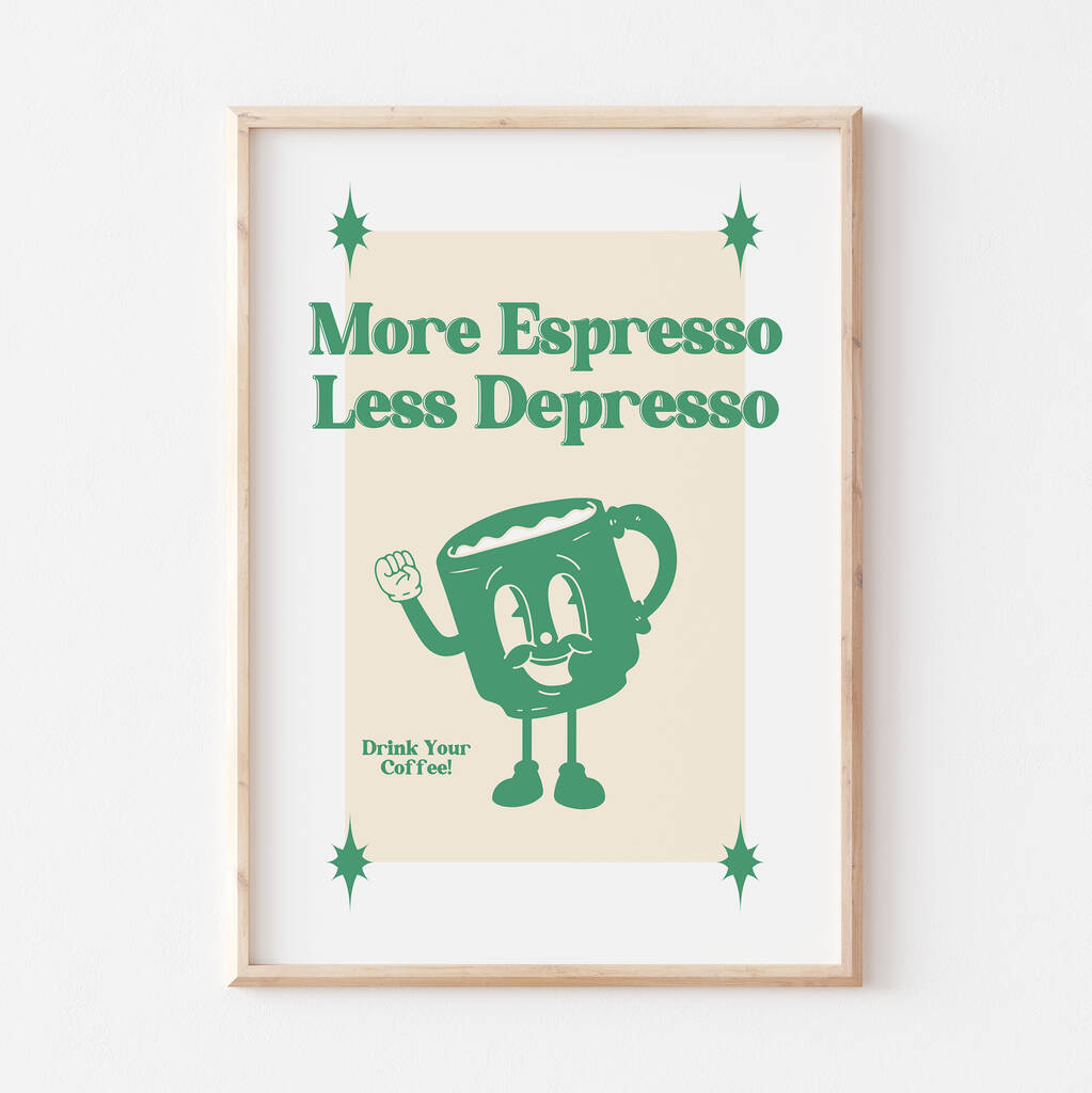 Retro Cartoon Coffee More Espresso Less Depresso Print, 1 of 10