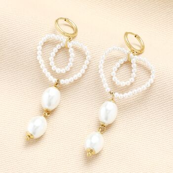 Stainless Steel Pearl Heart Huggie Drop Earrings In Gold Plating, 2 of 5