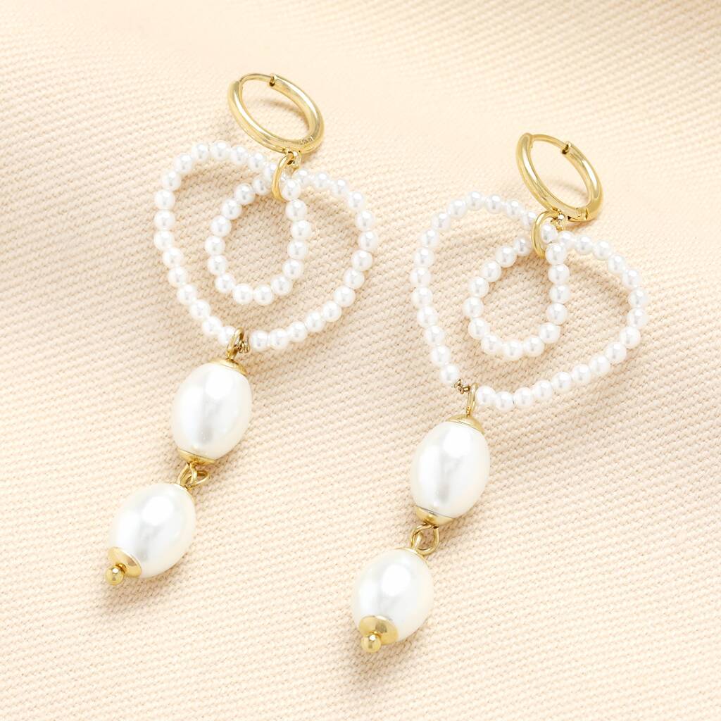 Stainless Steel Pearl Heart Huggie Drop Earrings In Gold Plating, 1 of 3