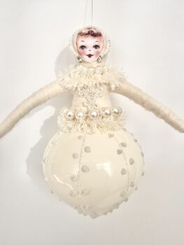 Spun Cotton And Glass Christmas Cream Bauble Girl, 3 of 5