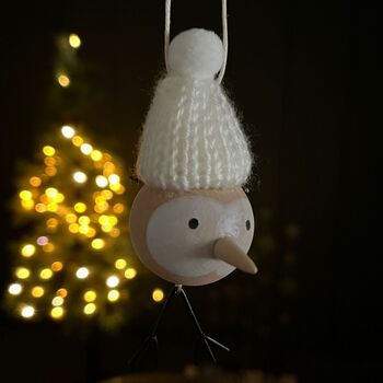Wooden Bird In White Pompom Hat Hanging Decoration, 2 of 2