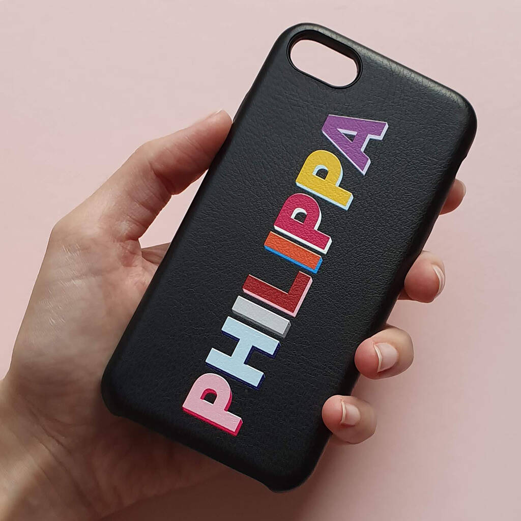 Personalised Rainbow Font Black Pu Leather Phone Case, 1 of 7