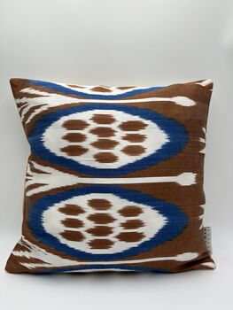 Square Ikat Silk Cushion Blue, Brown And White Abstract Design, 3 of 10