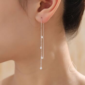 Sterling Silver Cz Cascade Drop U Threader Earrings, 2 of 11