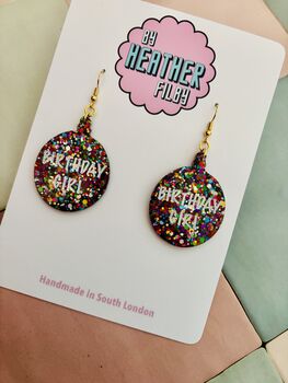Rainbow Bauble 'Birthday Girl' Glitter Earrings / Rainbow Party Jewellery Birthday Gift For Her / Multi Colour Glitter Statement Confetti Jewellery, 5 of 5