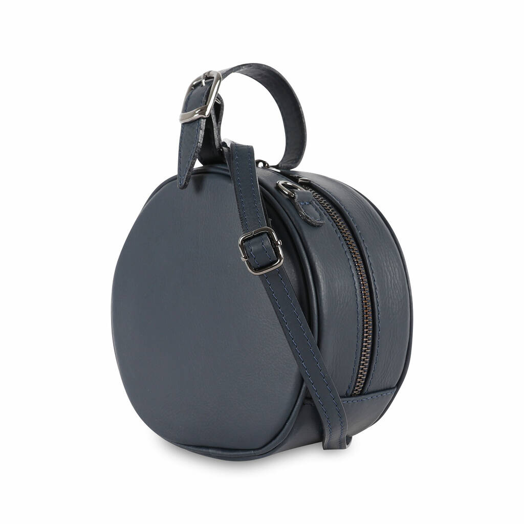 Leather Mini Round Hat Box Bag, Navy Blue By The Leather Store