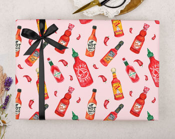 Valentine Wrapping Paper With Pink Hot Sauce Design, Three Sheet Pack, 3 of 3