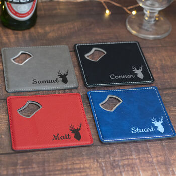 Any Name Stag Pu Leather Coaster With Bottle Opener, 2 of 2