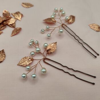 Copper Leaf Hair Pin With Pearls Perfect For Weddings, 6 of 10