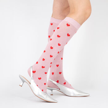Women's Knee High Glitter Socks Pink Red Love Hearts, 2 of 3
