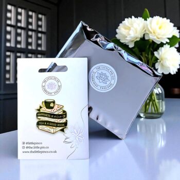 Large Happiness Is A Cup Of Tea And A Good Book Hard Enamel Pin Badge, Gift For Book Lovers, 2 of 8