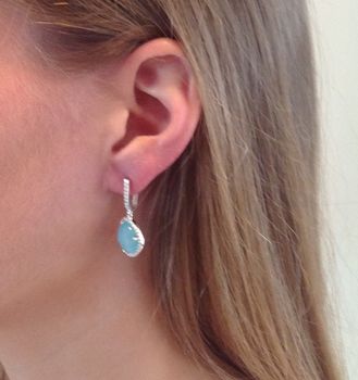 Aqua Gemstone Silver Drop Earrings Diamante, 2 of 3