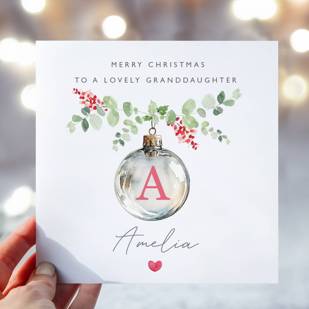 Personalised Granddaughter Christmas Bauble Initial Card, 1 of 2
