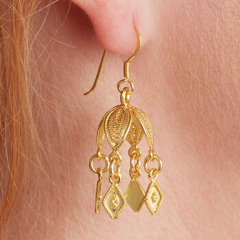 Gold Plated Silver Filigree Bell Shaped Drop Earrings, 2 of 8