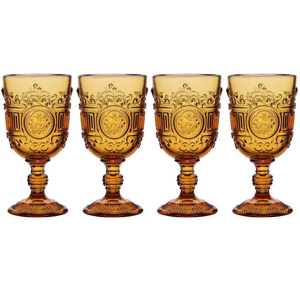 Set Of Four Amber Embossed Wine Glasses By Dibor