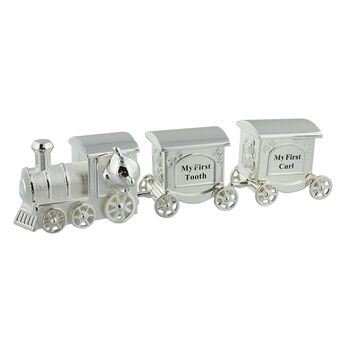 Silverplated First Tooth And Curl Set Train With Two Carriages Baby Gift, 4 of 10