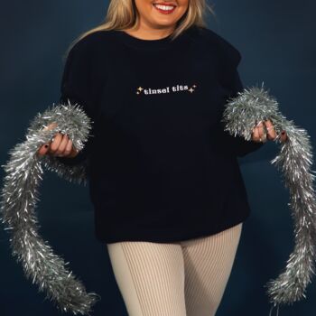Embroidered Tinsel Tits Slogan Christmas Jumper, 4 of 5