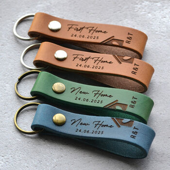 Personalised New Home Leather Keyring Set Housewarming Gift, 3 of 9