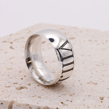 Roman Numerals 10mm Wide Personalised Silver Ring, 2 of 7