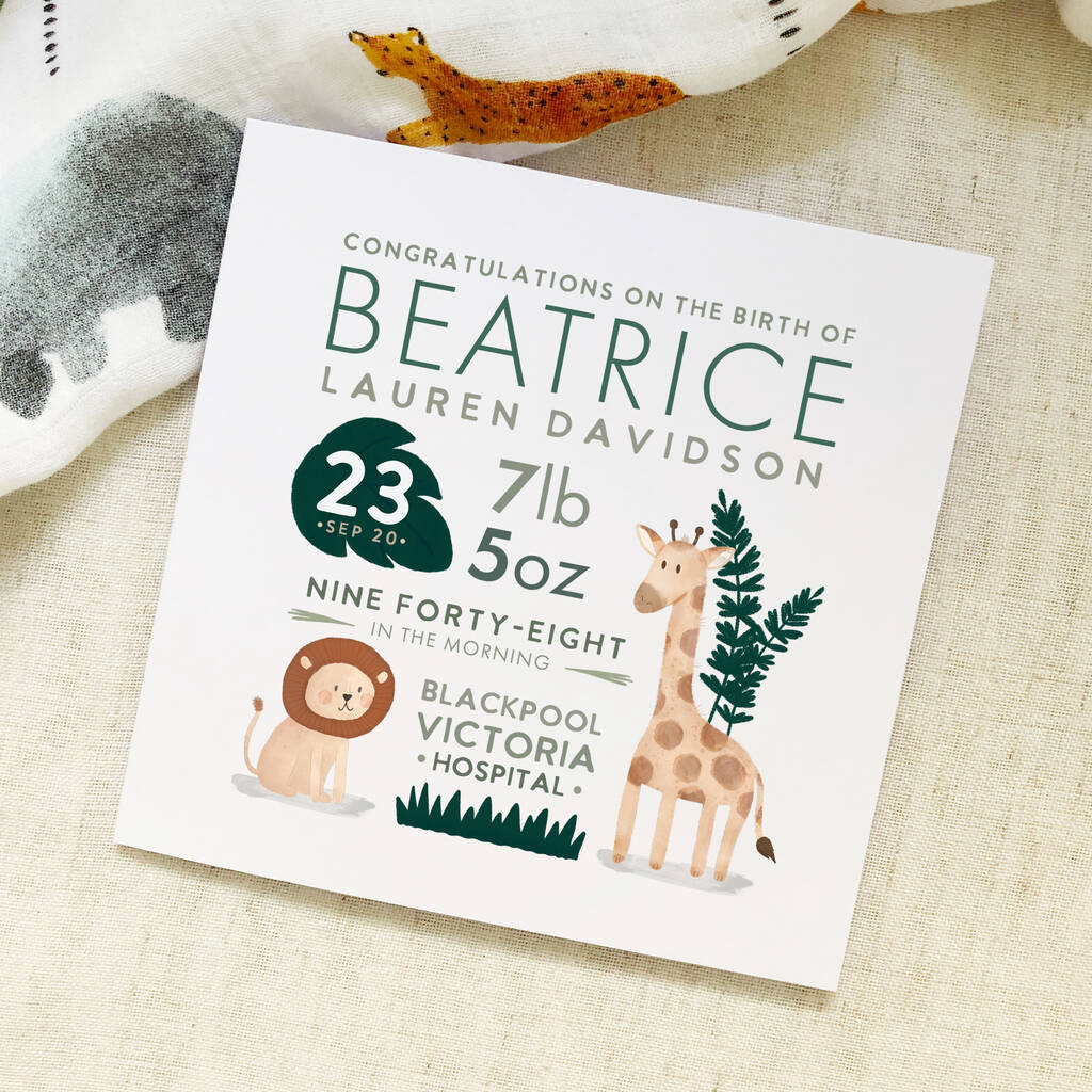 Safari Birth Details Newborn Card, 1 of 2