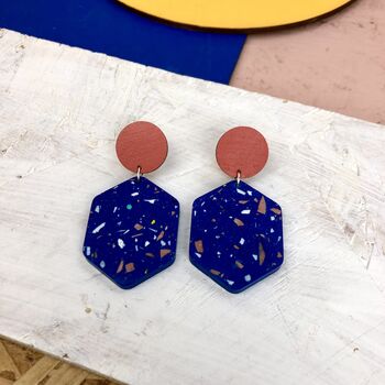 Jesmonite Terrazzo And Wood Hexagon Geometric Earrings, 9 of 12