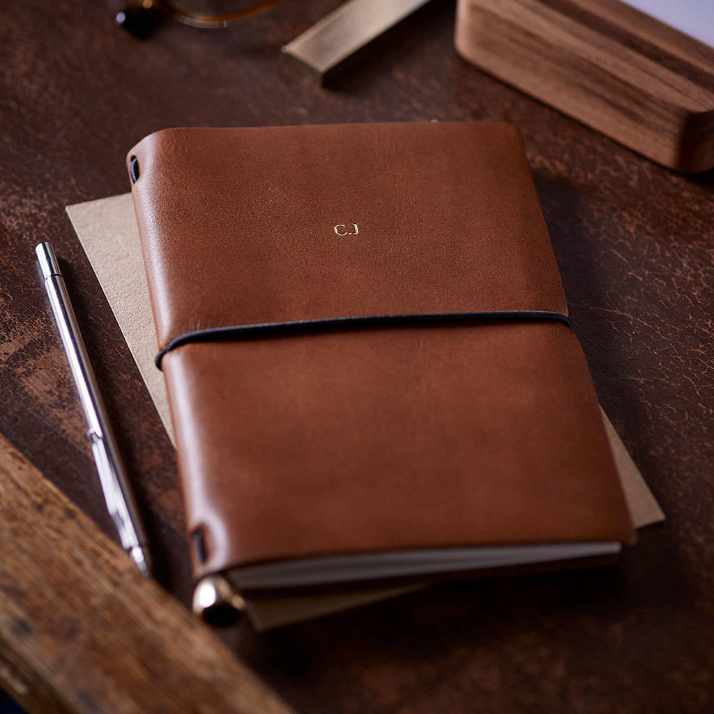 personalised leather travel journal by man gun bear