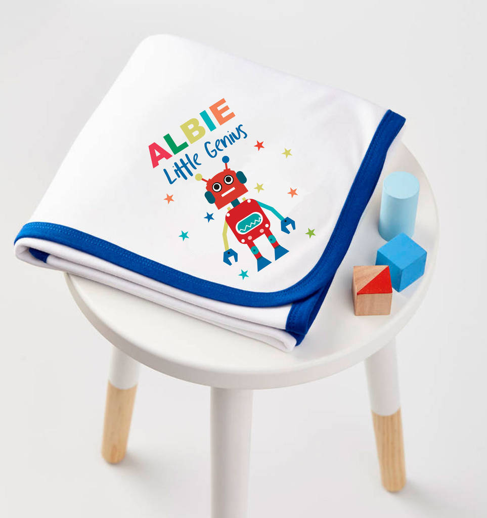 boys personalised robot blanket by tilliemint