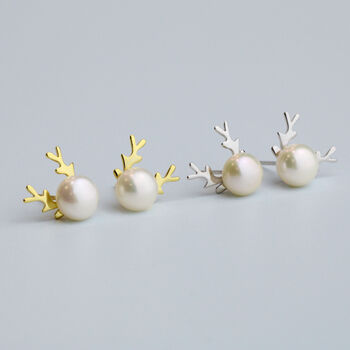 Sterling Silver Pearl Reindeer Stud Earrings, 3 of 6