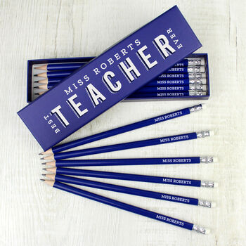 Personalised ‘Best Teacher Ever’ Pencil Box With 12 Blue Hb Pencils – Teacher Gift, 2 of 3